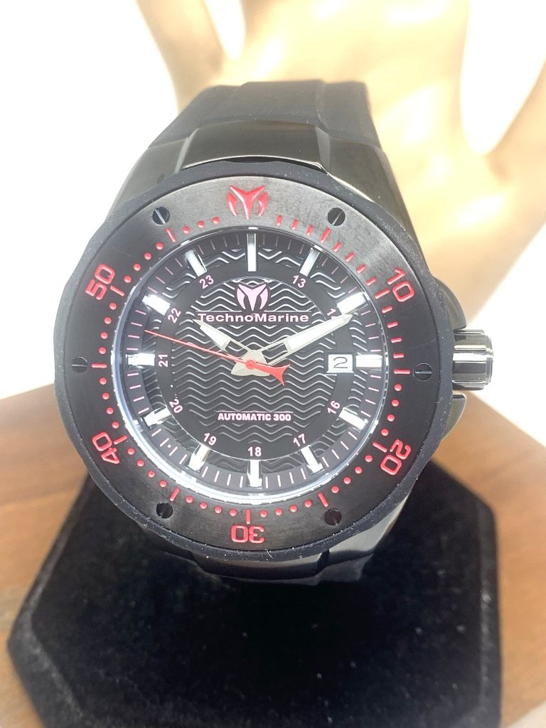 Technomarine Mens Watch Tm215088 Automatic Red Black Rubber Strap 47mm